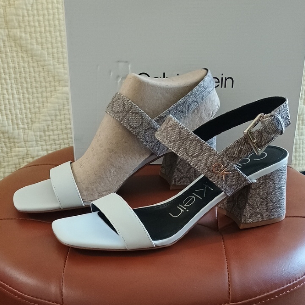 🆕 Calvin Klein White Leather & Taupe Logo Block Heel Sandals